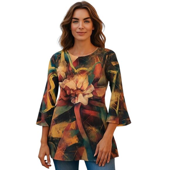 B.L.E.U.‎ Abstract Floral Top Bell Sleeve Rhinestone Embellishments Women's Sm - Picture 1 of 9